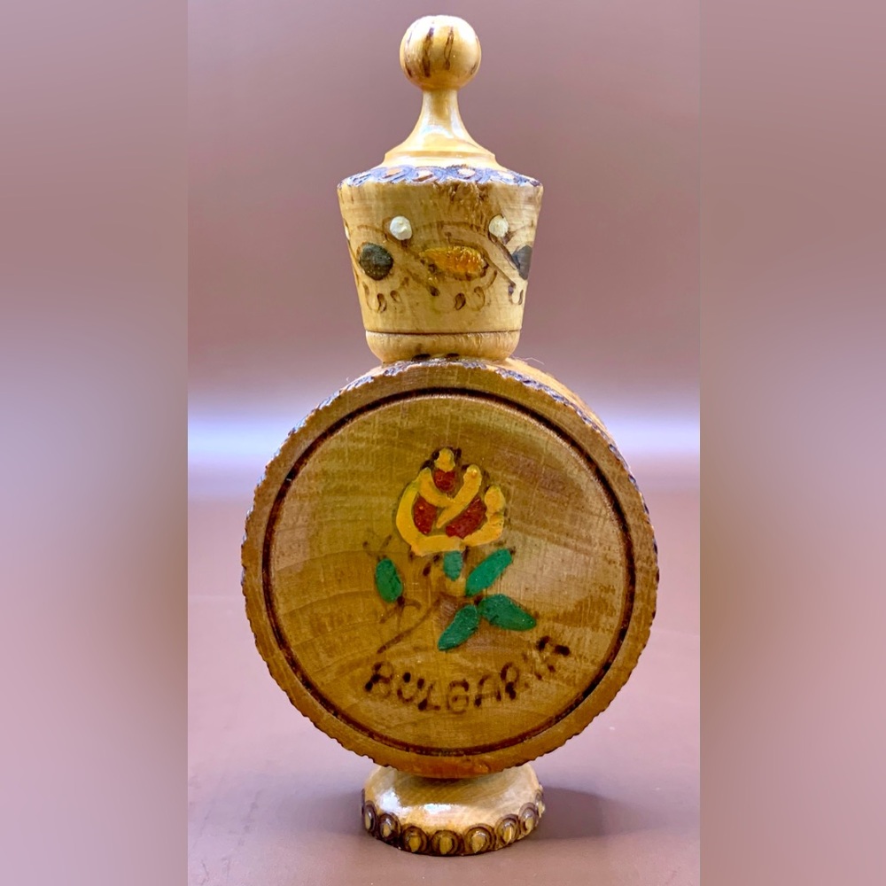Bulgarian Handpainted Carved Wooden Perfume(Rose Oil)Bottle - Vintage - Folk Art